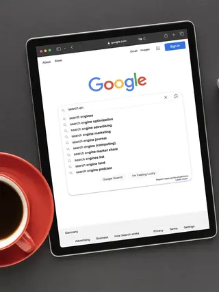 Ein Tablet liegt auf einem grauen Tisch. Links vom Tablet steht eine Tasse Kaffee. Auf dem Tablet wird auf Google eine Suchanfrage für den Begriff "Search Engine" gestellt.